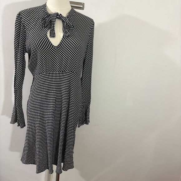 ZARA Black White Polka Dot Long Sleeve Dress Sz L Tie Knot Collar Ruffle Trim - Picture 1 of 11
